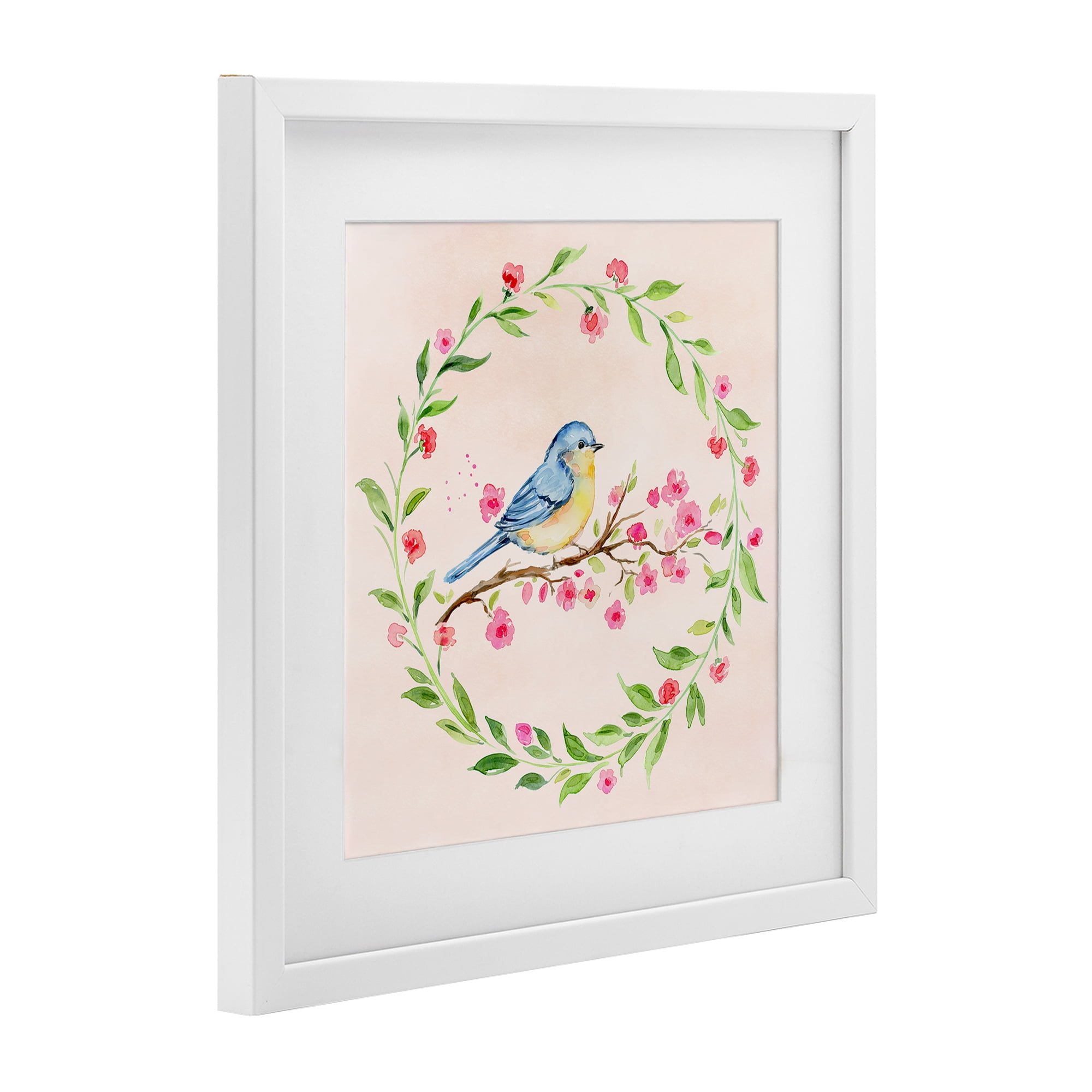 Spring Bird Wreath Perch White Framed Print Under Glass, design by Elena Fay
