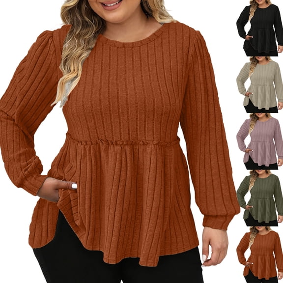 yillto Plus Size Womens Sweaters Long Sleeve Ribbed Knit Lightweight Ruffle Hem Fashion Tunics Tops