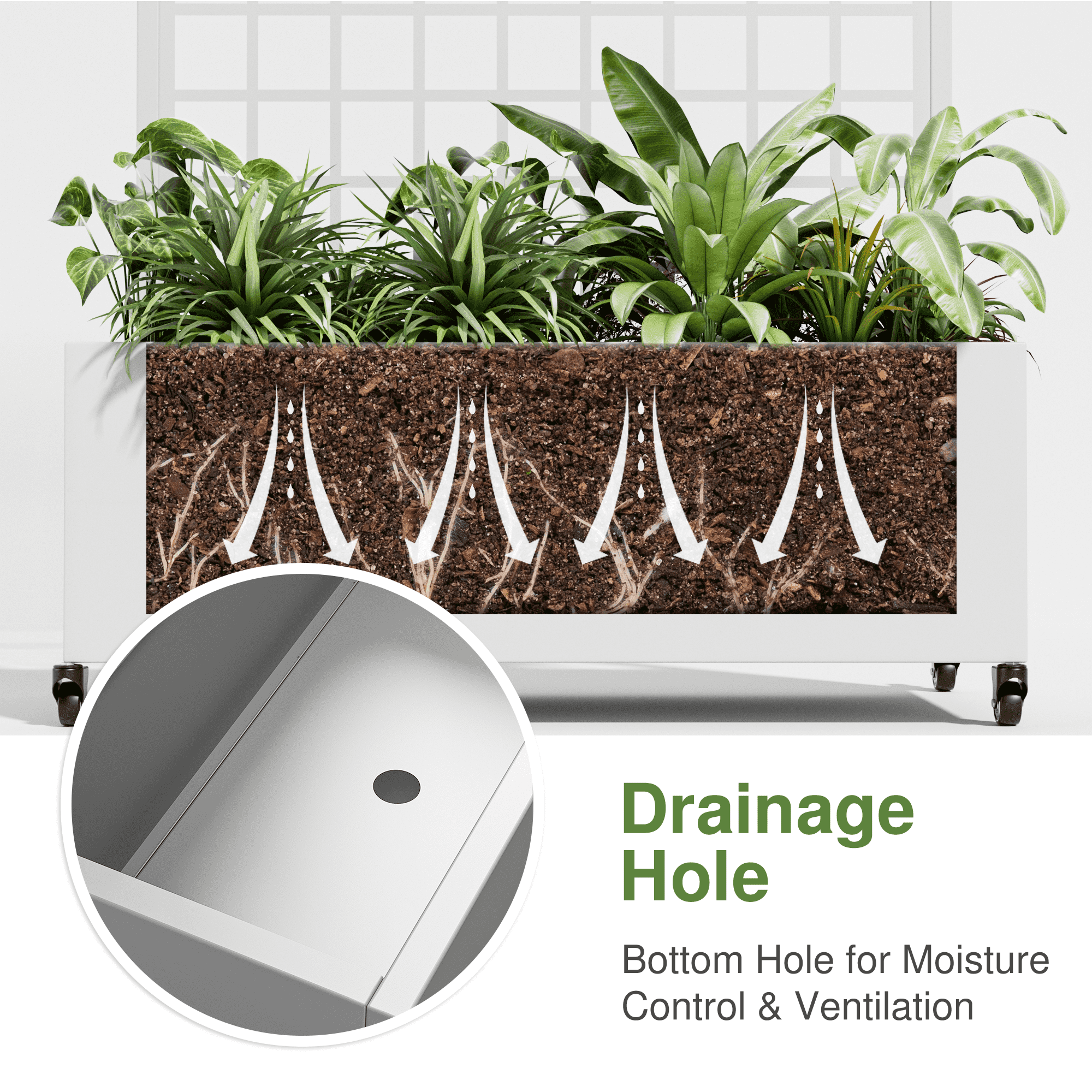 MAYEERTY 35*16*71"Outdoor White Metal Planter with Arch Climbing Trellis, Drainage hole & Wheels, Grid Pattern