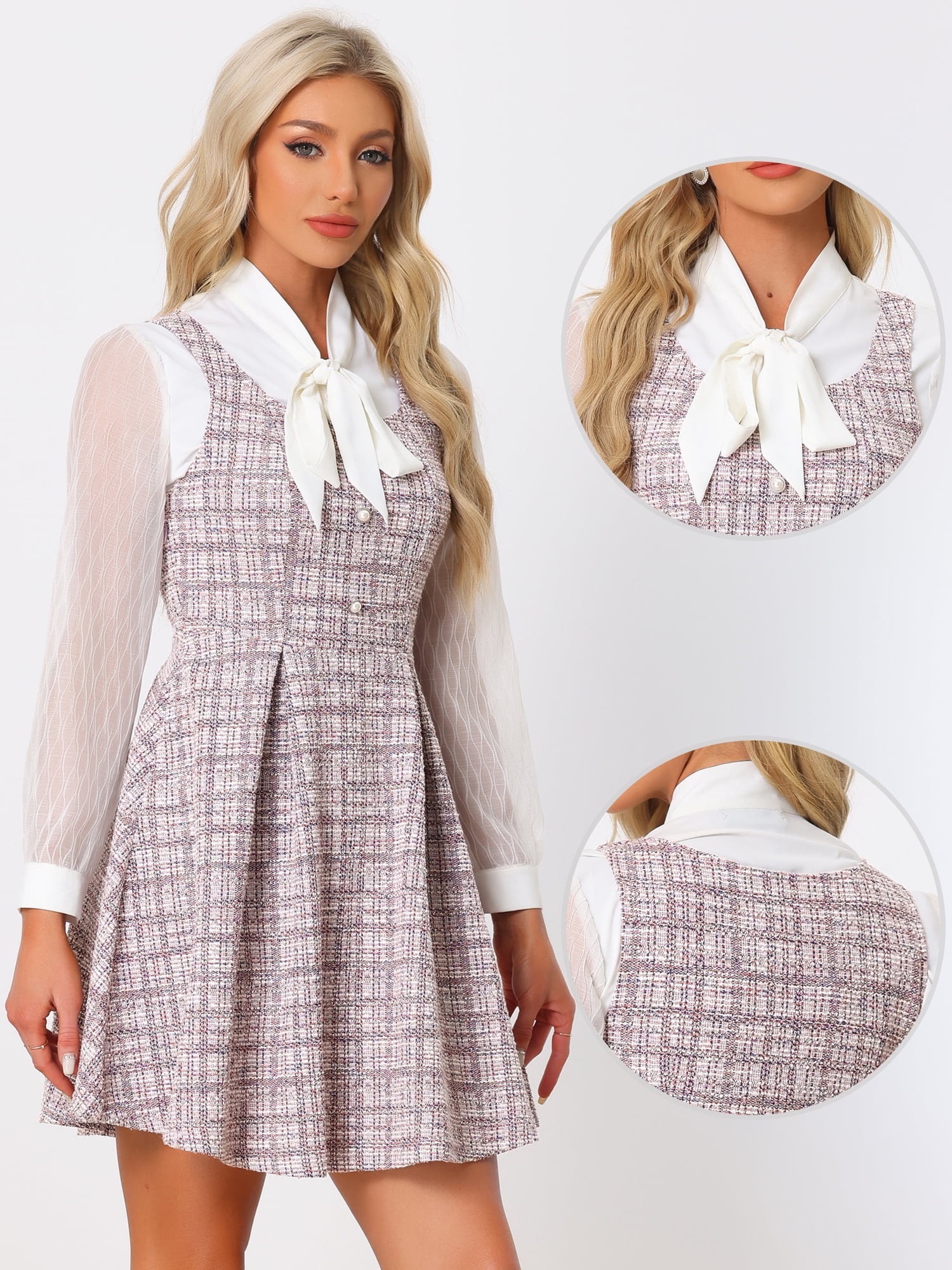 DARING DIVA Sleeveless Square Neck Button Plaid A-Line Tweed Dress M Pink