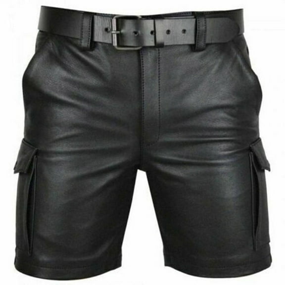 Joau Men Plus Size Black Leather Shorts, Men's Punk Retro Straight Leg Drawstring Elastic Waist Casual Short Pants Solid Color Loose Knee Length Pants with 3 Pockets