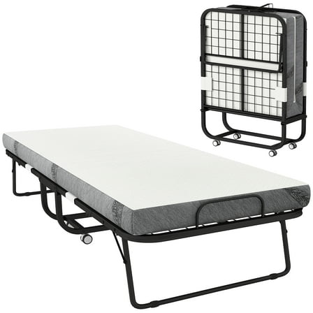 HOMCOM Folding Bed with 4" Mattress, Portable Foldable Guest Bed with Wheels
