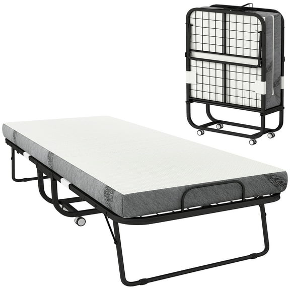 HOMCOM Folding Bed with 4" Mattress, Portable Foldable Guest Bed with Wheels