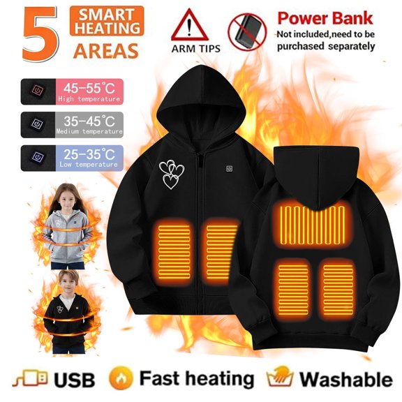 Lutiedan Boys Girls Heated Jacket USB Electric Heating Hooded Jacket Long Sleeve Zipper Thermal Coat with 5 Heating Zones Size 4-14,Black