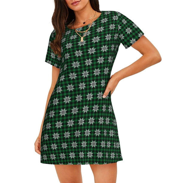 Easygdp Green Buffalo Plaid Merry Christmas Camisón de manga corta para mujer, informal, estampado
