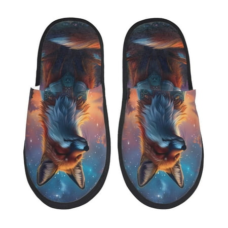 

Yiaed Starry Sky Meditating Fox Print Unisex House Slippers Slip on Warm Shoes Indoor Outdoor with Anti-slip sole-Medium