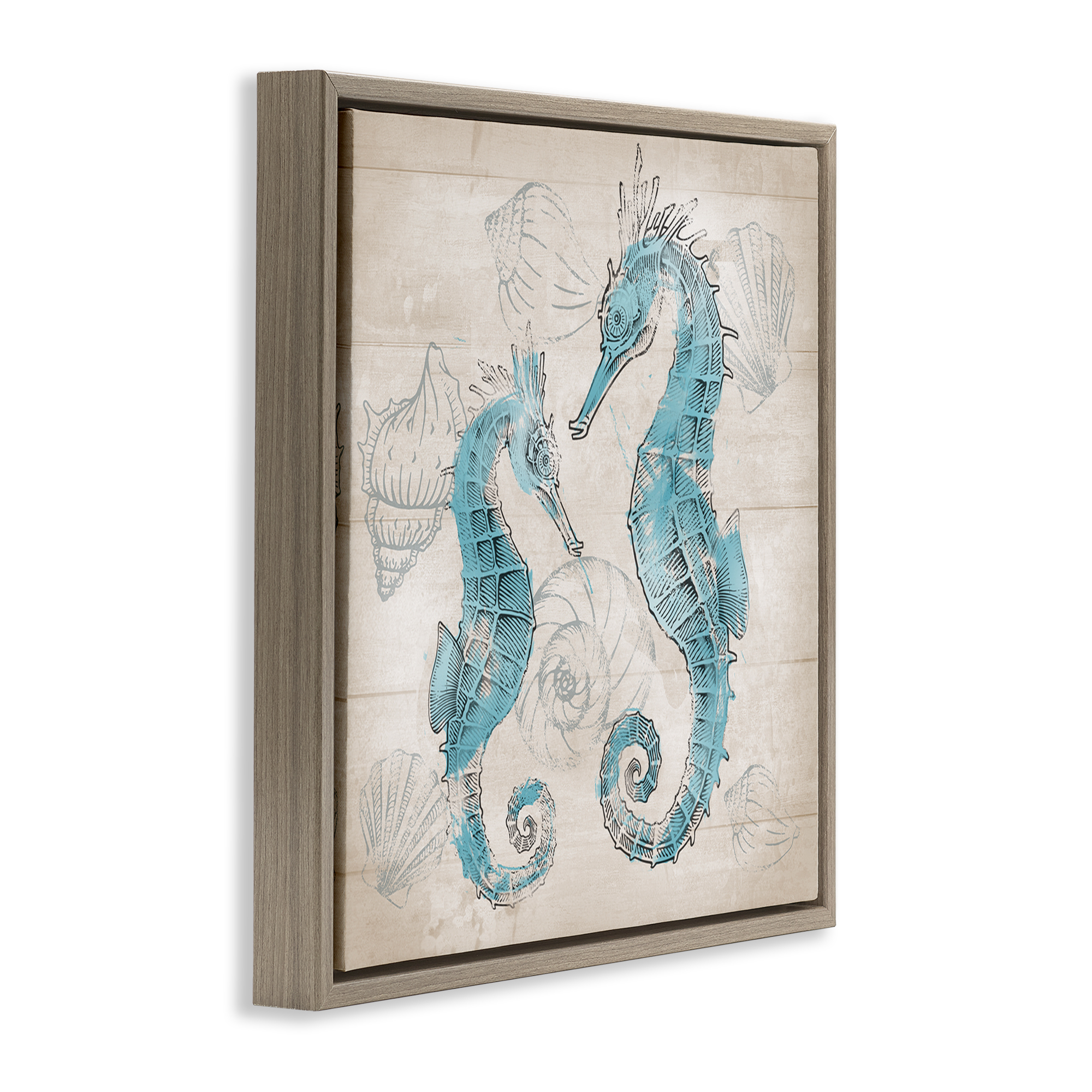 Stupell Industries Blue Seahorses on Rustic Animals Painting Brown Floater Framed Canvas Art Print Wall Art, 25 x 25