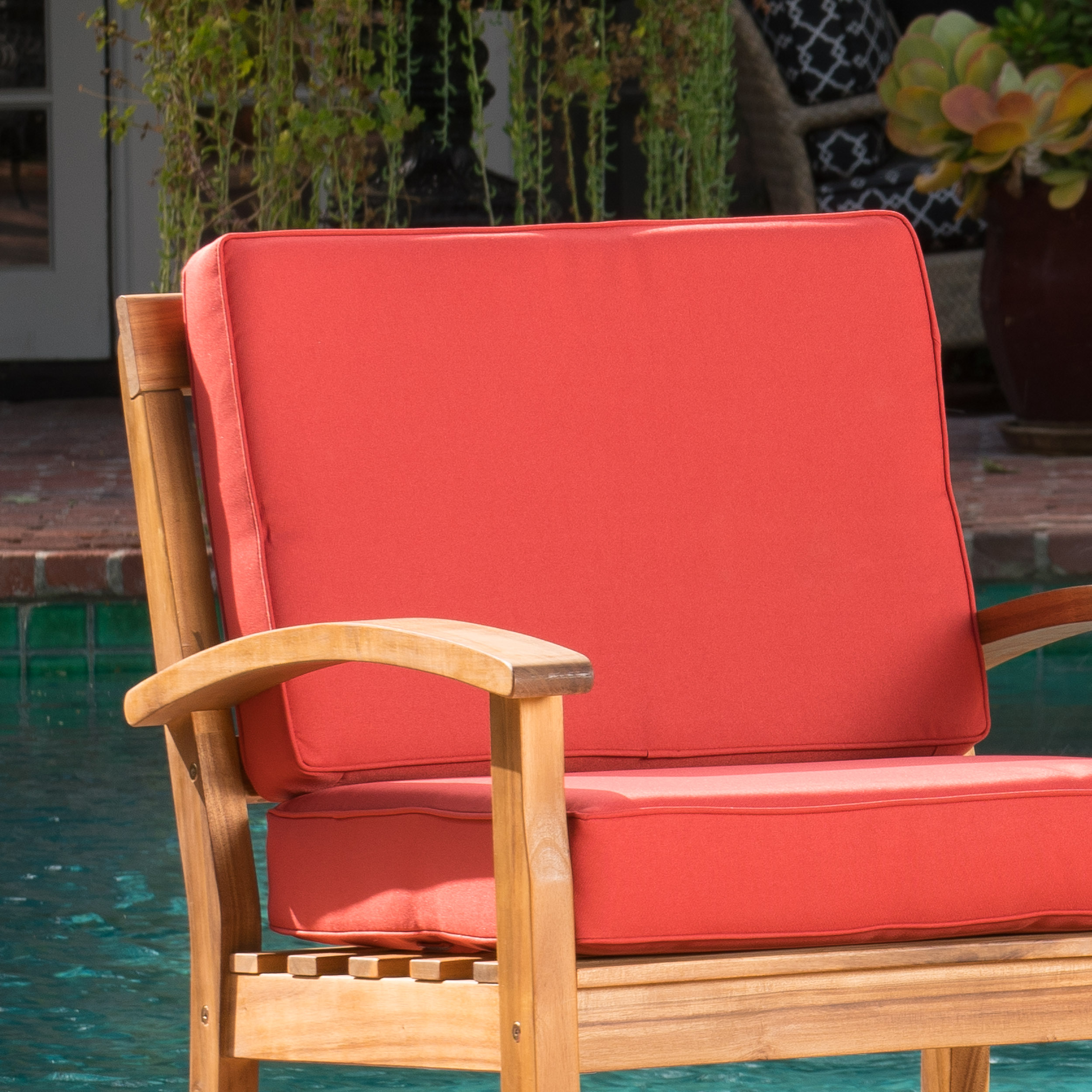Aletta Outdoor Wooden Club Chairs with Cushions, Set of 4, Teak Finish, Red