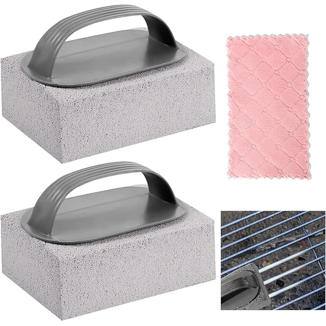 ZYNERY 2 ladrillos de limpieza de piedra pómez con 1 paños de limpieza, ladrillos de limpieza con mango, para asar hornos, Estante de barbacoa,eliminar manchas de aceite