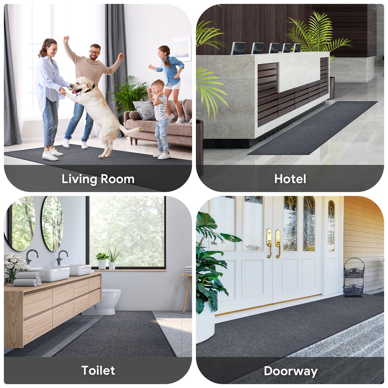 Petoto 16 x 3ft Commercial Carpet, Non-Slip Hallway Runner Rug with Rubber Backing, Indoor Outdoor Entrance Stripe Mat, Gray