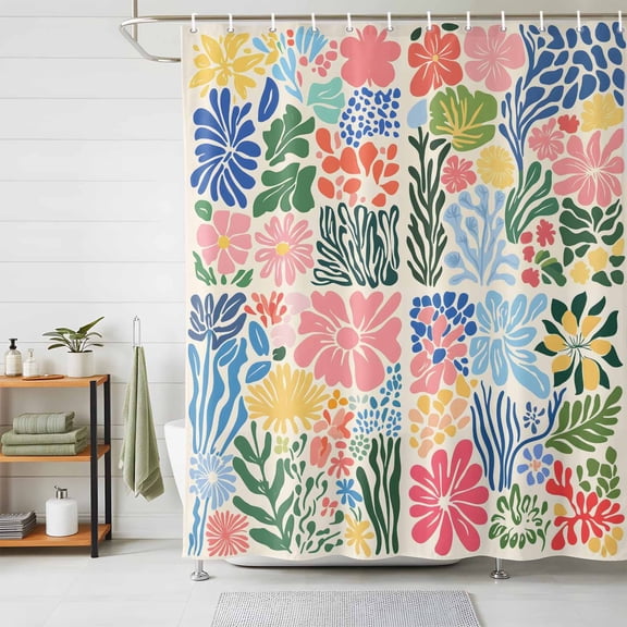 Shower Curtain Vintage Abstract Floral Shower Curtains for Bathroom Decor, Waterproof Polyester Shower Curtain Set with Hooks, Extra Long 72" x 96" Spring Flowers Print