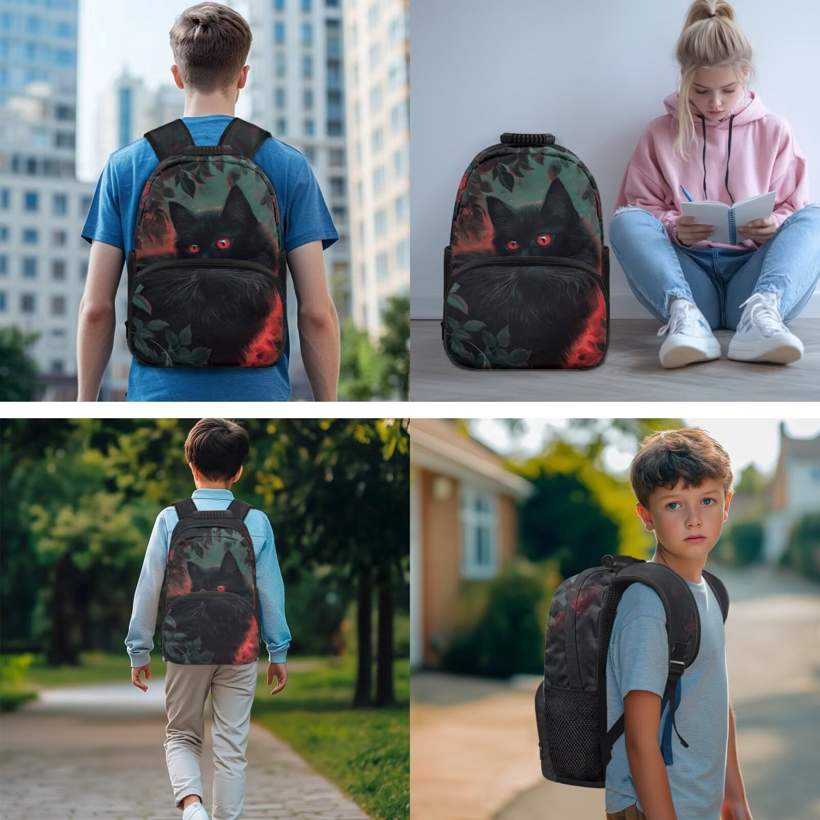 XYZCANDO Black Cat 5Pcs Boys Backpack Set with Lunch Box Pen Bag 2 Piece Bookmark Cool Style Bookbag with Compartments for High School Teens