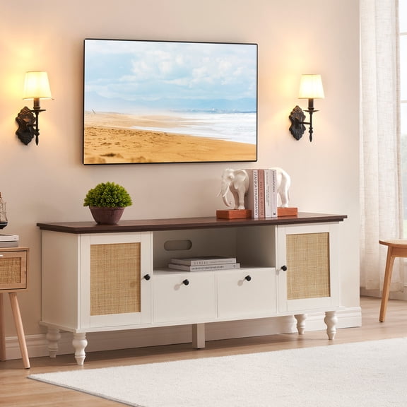 TV Stand for 65+ Inch TV, Rattan Entertainment Center TV Media Console Table, Modern TV Stand with Storage and Mesh Door, TV Console Cabinet Furniture for Living Room