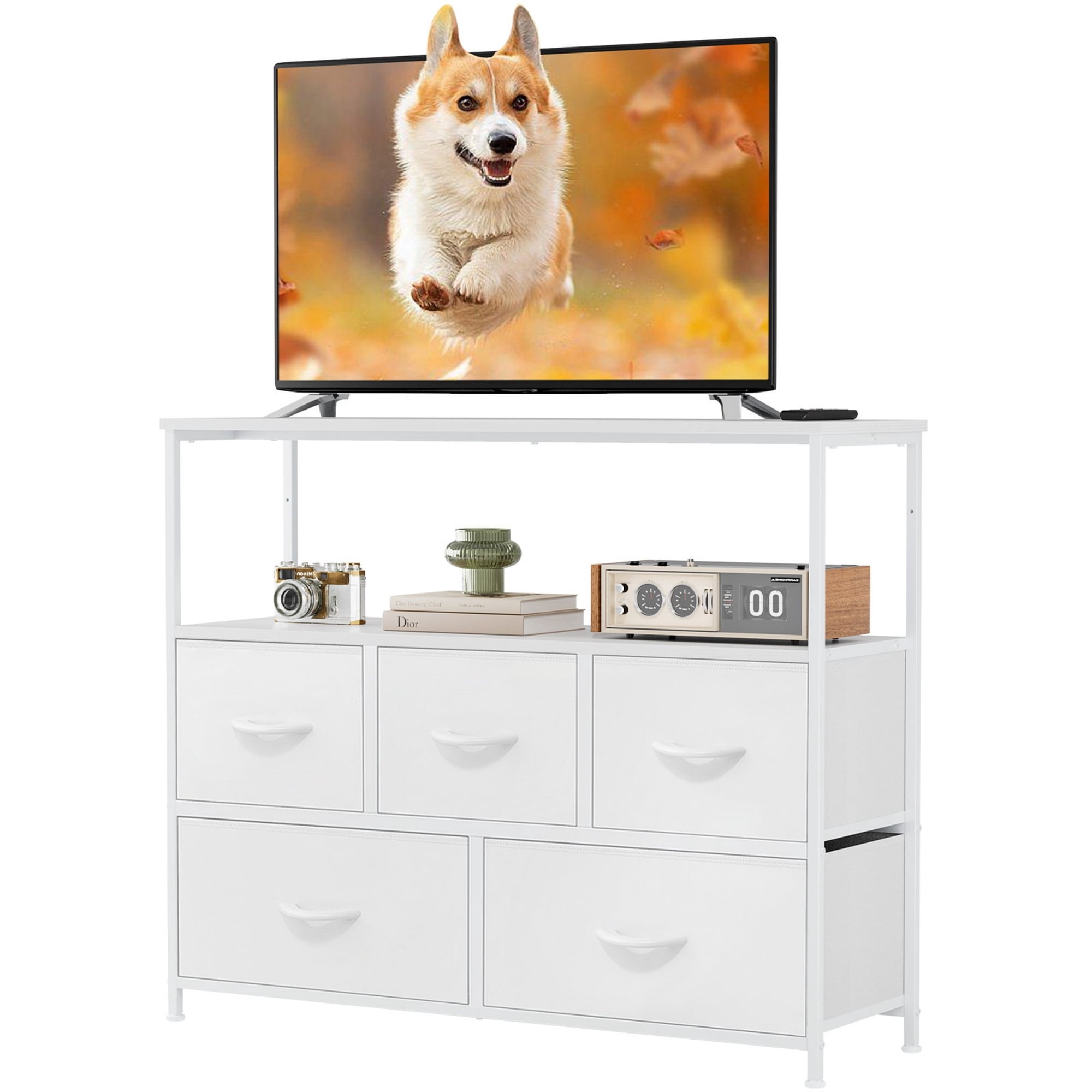 CONCETTA TV Stand Dresser with 5 Fabric Drawers and Open Shelving, Multi-functional Storage Unit Fits TV up to 45 inches for Bedroom Living Room Hallway, White