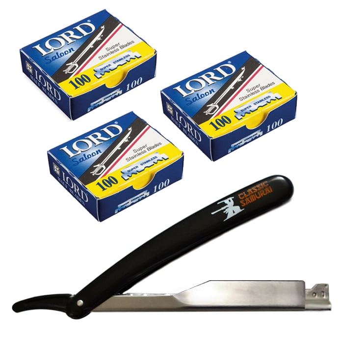 300 Lord Single Edge Razor Blades with Classic Samurai Barber Straight