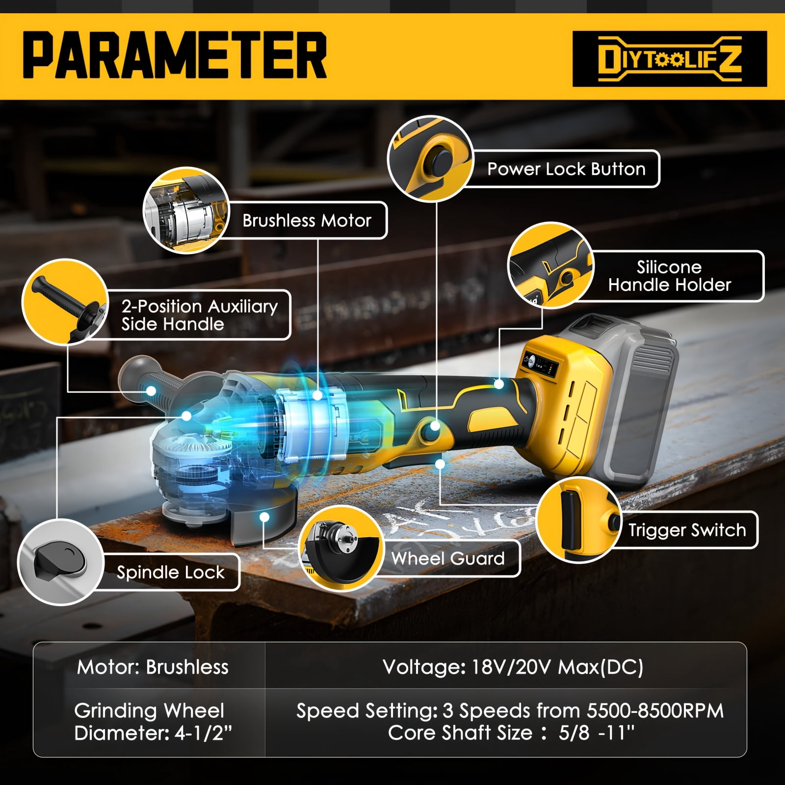 Angle Grinder Compatible with for 20V Battery, Featuring a Brushless Polishing Tool with an Auxiliary Handle, Operating at 5500-8500 RPM, Suitable for 4-1/2 Inch Grinding Wheels,