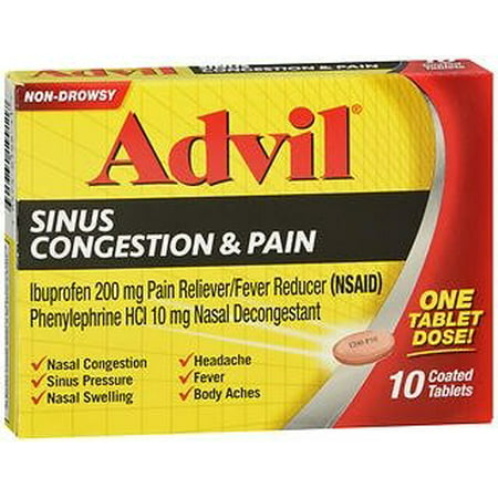 Advil Sinus Congestion and Pain Coated Tablets, Non-Drowsy, 10 (Best Pain Reliever For Sinus Headache)