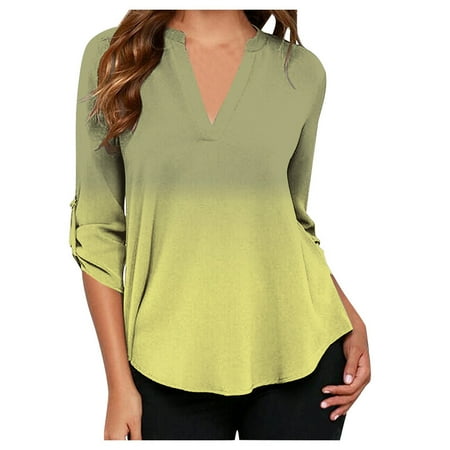 

Women s Plus Size Tie-Dye Gradient Chiffon V Neck Long Sleeve Shirt Tops Blouse