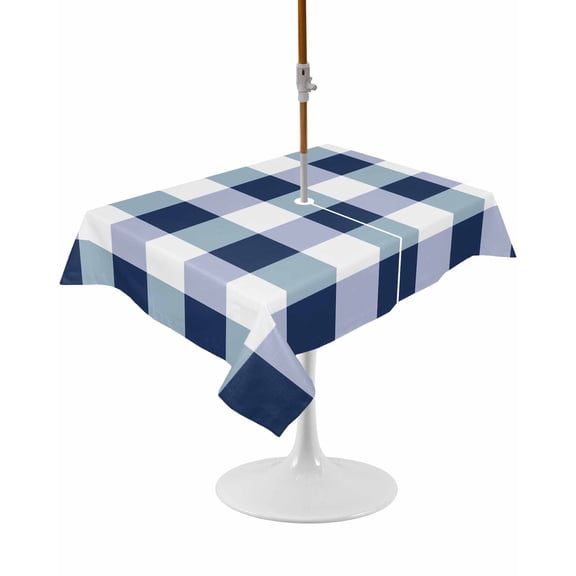 Outdoor Table Cloth with Umbrella Hole and Zipper, Navy Blue Plaid Waterproof Rectangle Tablecloth 52"x70", Spring Farmhouse Buffalo Checkered Washable Table Cover for Outside Party Patio Picnic