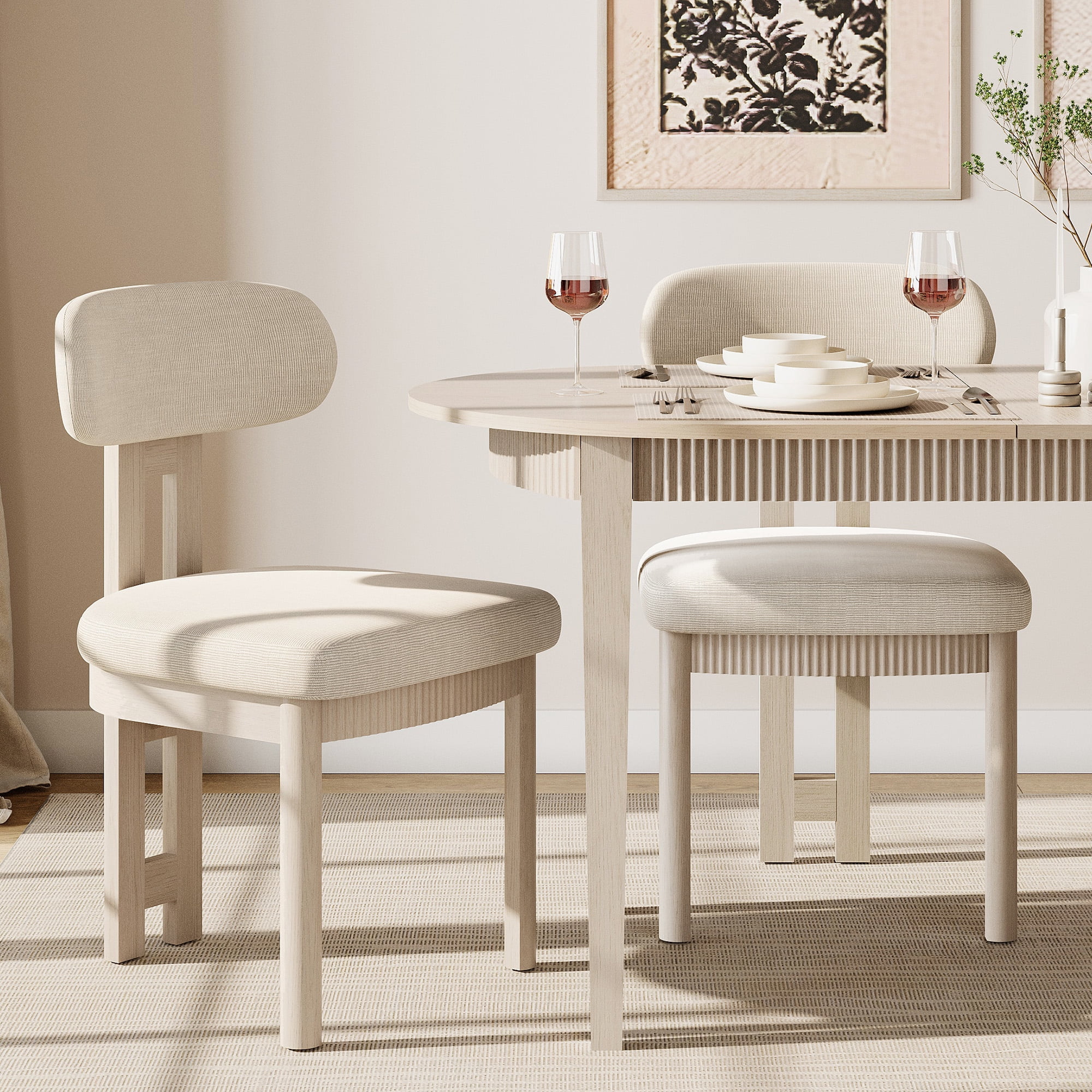 Mid-Century Modern Dining Chairs Set of 6,Polyester Linen Fabric Kitchen Chairs with Solid Wood Legs and Fluted Apron, Armless Side Chairs with Curved Backrest For Dining Room, Living Room
