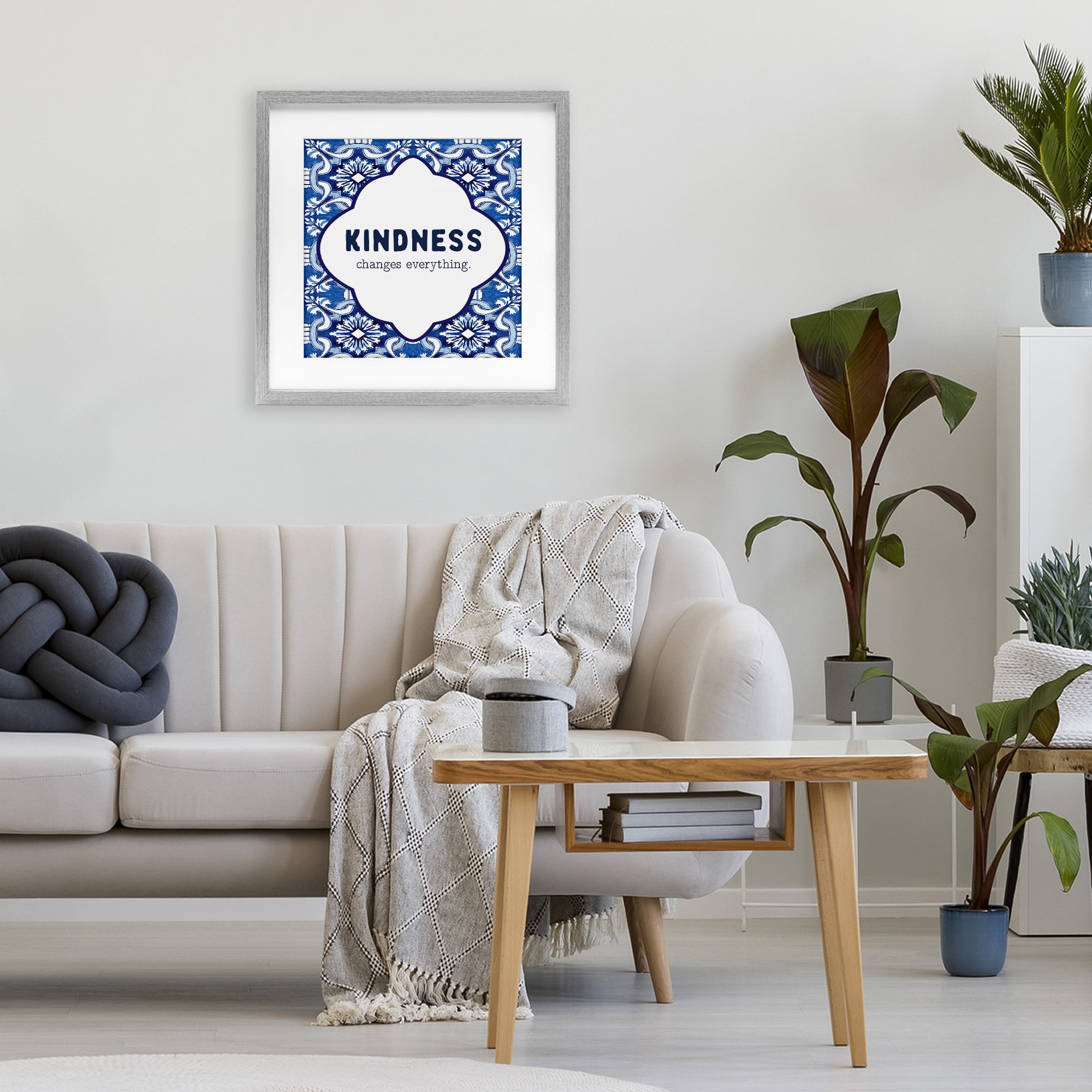 Patterned Kindness Changes Everything Gray Framed Print Under Glass, design by Lettered and Lined