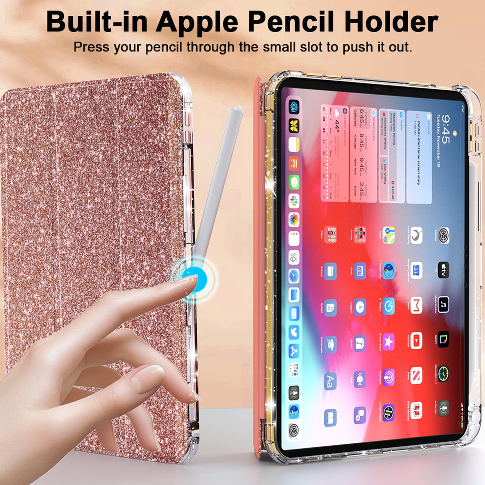ELEHOLD Glitter Case for  iPad 9th/8th/7th Generation with Pencil Holder,  Auto Sleep/Wake Magnetic Stand Cover, Sparkly Clear Back Shell with Tri-Fold Stand , Rosegold