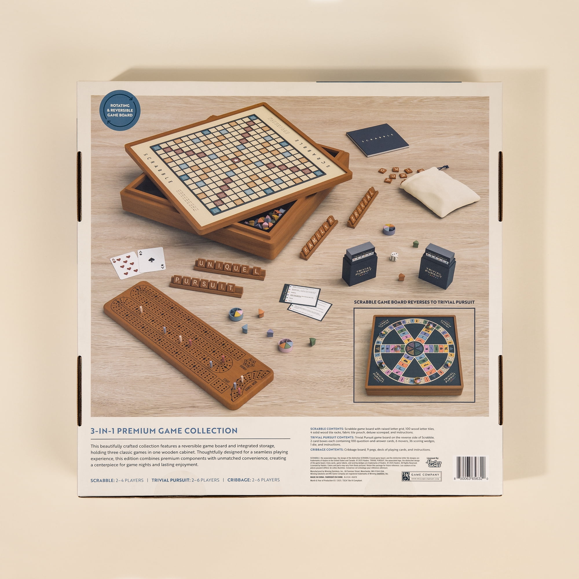 WS Game Company 3-in-1 Premium Game Collection: Scrabble, Trivial Pursuit, and Cribbage with Rotating Solid Wood Cabinet