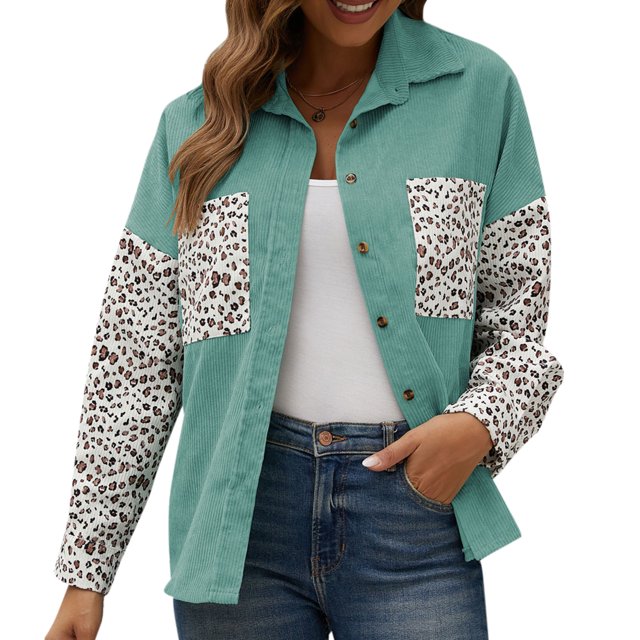 Camisa suelta de mujer Pana Estampado de leopardo Botones de manga larga Camisas de gran tamaño MABOTO Camisa de mujer