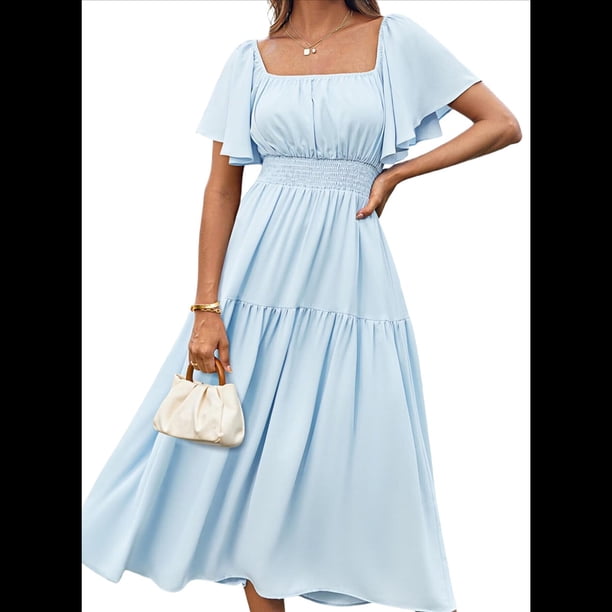 Vestido Informal de Verano para Mujer, de Corta, Cuello Cuadrado, Cintura Fruncida, con , Holgado, Azul XXXL