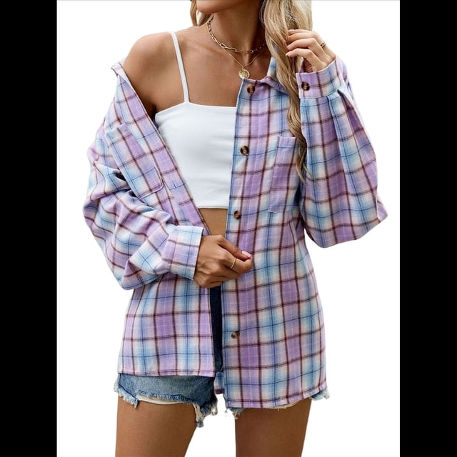 Camisas de Franela con Botones para Mujer, Camisas A Cuadros de Larga, Blusa Informal de Negocios. Rosa Púrpura M