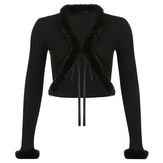 Suéteres tipo cárdigan de moda urbana para mujer, con cuello con ribete de piel, estilo coreano, informal, recortado, de punto, 2020