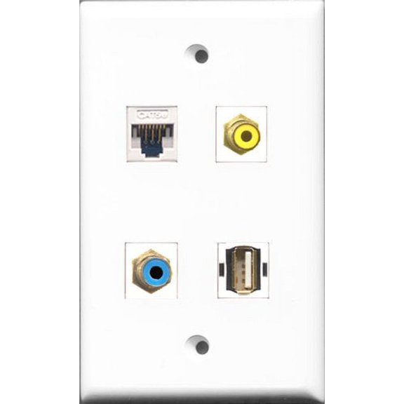 RiteAV 1 Port RCA Yellow and 1 Port RCA Blue and 1 Port USB A-A and 1 Port Cat5e Ethernet White Wall Plate