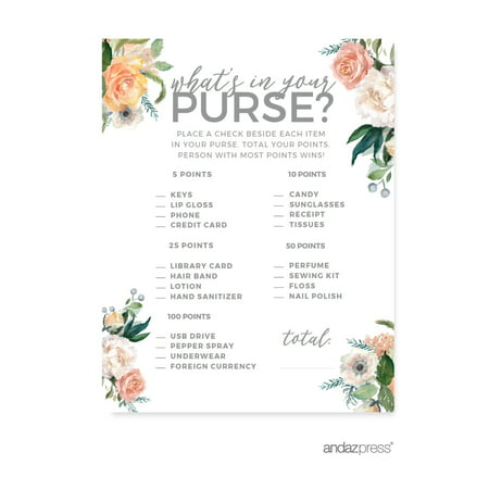 Peach Coral Floral Garden Party, What's in Your Purse? Bridal Shower Game Cards, (Best Garden Games For Weddings)