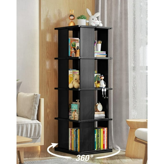 Rotating Bookshelf, 4-Shelf 360° Solid Wood Book Shelf Tower, Stackable Revolving Bookcase Organizer for Living Room, Bedroom, Study(Black)