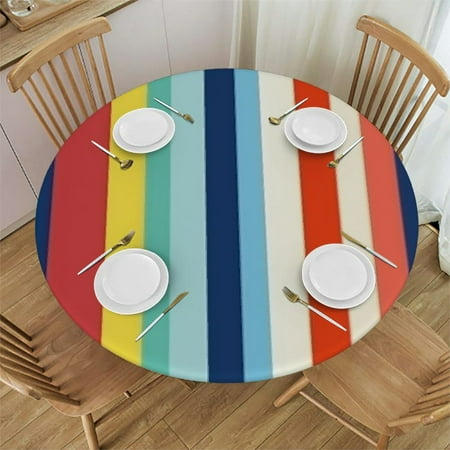 

Rainbow Striped Round Tablecloth Fitted Table Cover Colorful Abstract Bohemian Geometric Elastic Tablecloths