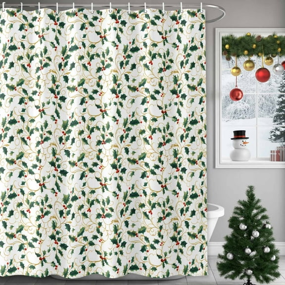Winter Christmas Shower Curtains for Bathroom, Holly Berry Plants Leaves Waterproof Fabric Shower Curtain for Bathroom Bathtub Decoration, Machine Washable, 60"x72"