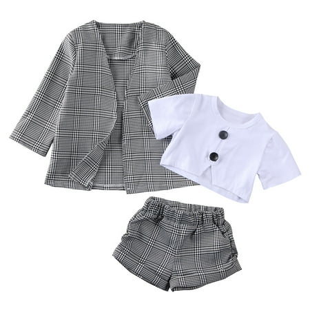 

Seyurigaoka 3 Pcs Girl Shorts Suits Long Sleeve Coat + Solid Color T-Shirt + Shorts Sets