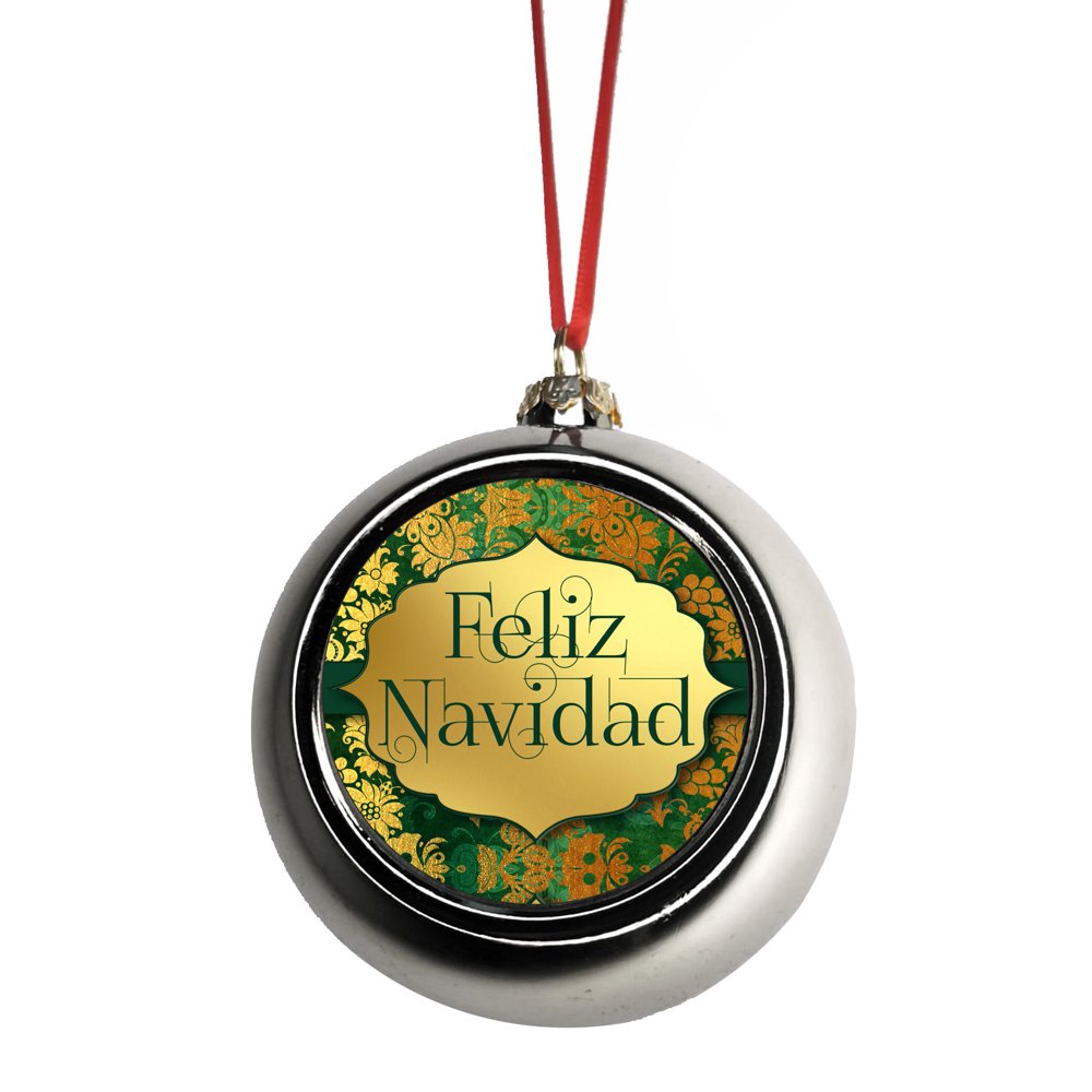 Feliz Navidad Merry Christmas in Spanish Ornaments Silver Bauble