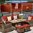 thumbnail image 6 of MEISSALIVVE 6 Pieces Patio Furniture Set with Dining Table, Outdoor Wicker Conversation Set with Fixed Chairs, Wicker Armrest, 2 Ottomans, Red, 6 of 8