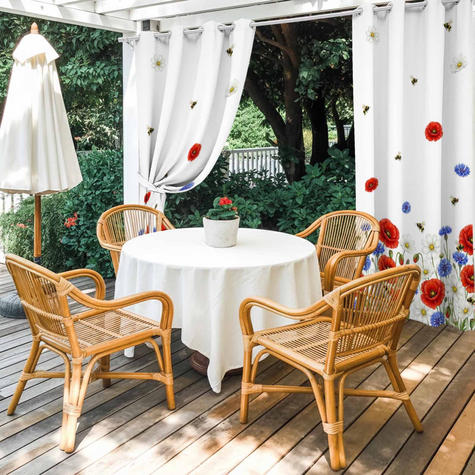 Independence Day Outdoor Curtains for Patio, Watercolor Red Blue White Daisy Cute Bee Sunshade Privacy Drapes Grommet Waterproof Outside Curtains for Porch/Cabana/Balcony 54"x 108", 1 Panel