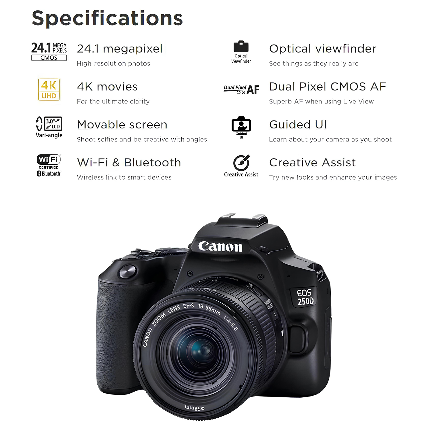 Canon EOS 250D / Rebel SL3 DSLR Camera with 18-55mm Lens (Black) + Creative Filter Set, EOS Camera Bag +  Sandisk Ultra 64GB Card + Electronics Cleaning Set, And More (International Model) - image 5 of 7
