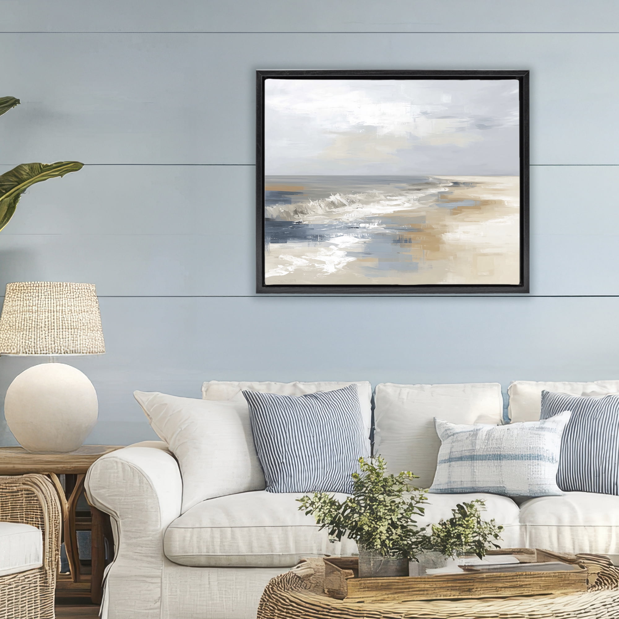 Stupell Industries Tranquil Beach in Neutrals Black Framed Floater Canvas Wall Art, design by Kim Curinga
