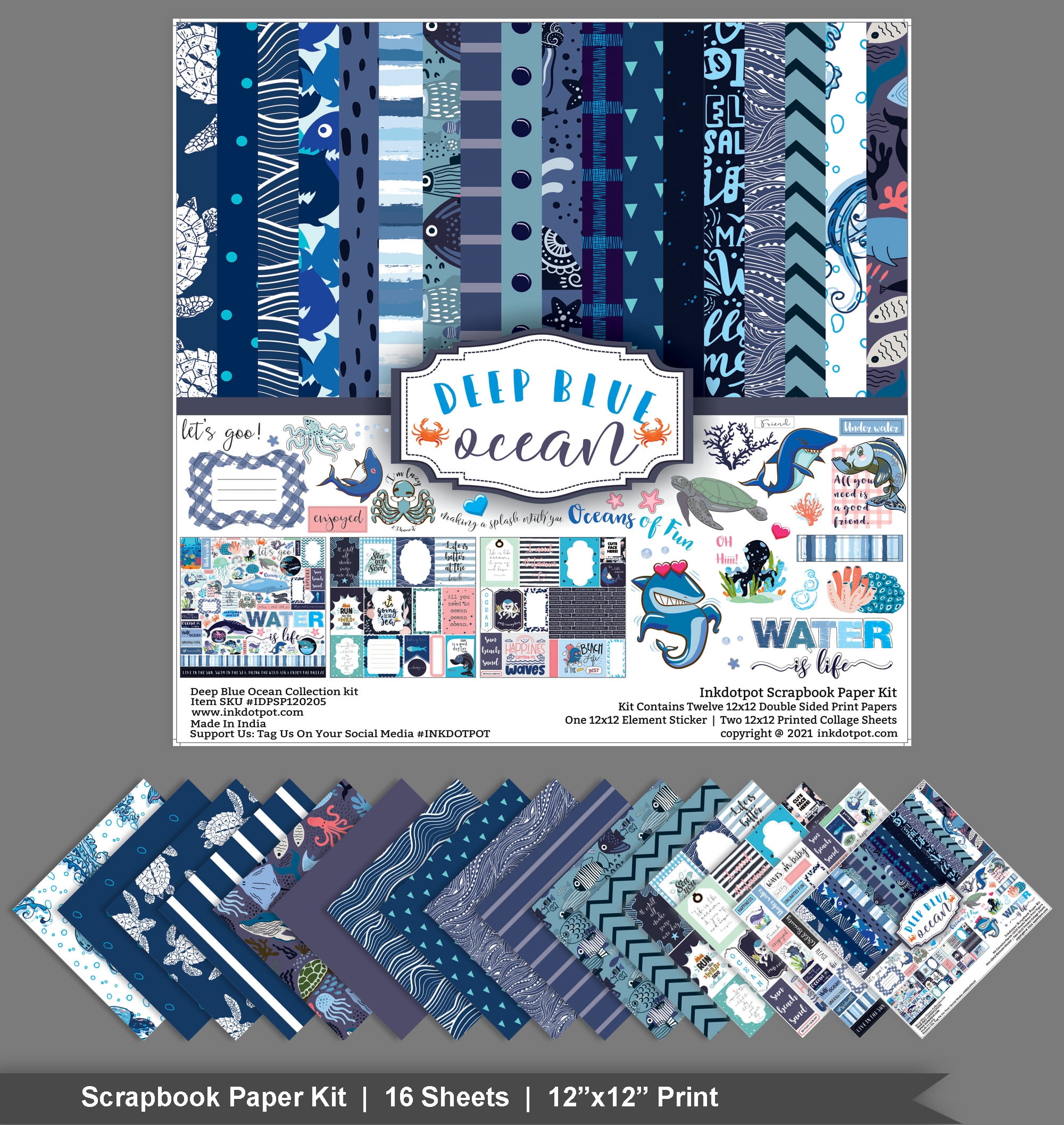 Inkdotpot Ocean Life Collection Double-Sided Scrapbook Paper Kit Cardstock 12"x12" Card Making Paper Pack With Sticker Sheet - 16 Pages - Blue