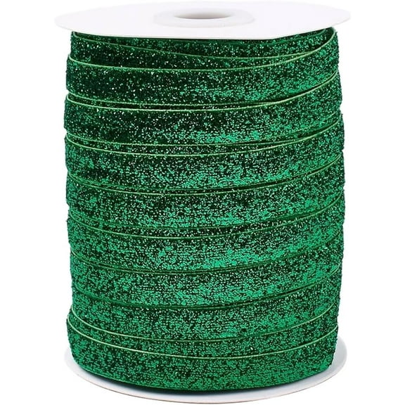 50 Yards 3/8 Inch Green Vintage Velvet Ribbon Metallic Shiny Sequin Paillette Trim Single Face Narrow with Spool Fabric Ribbons for Sewing Making Christmas Tree Wreath Decor Diy Craft Supply Green