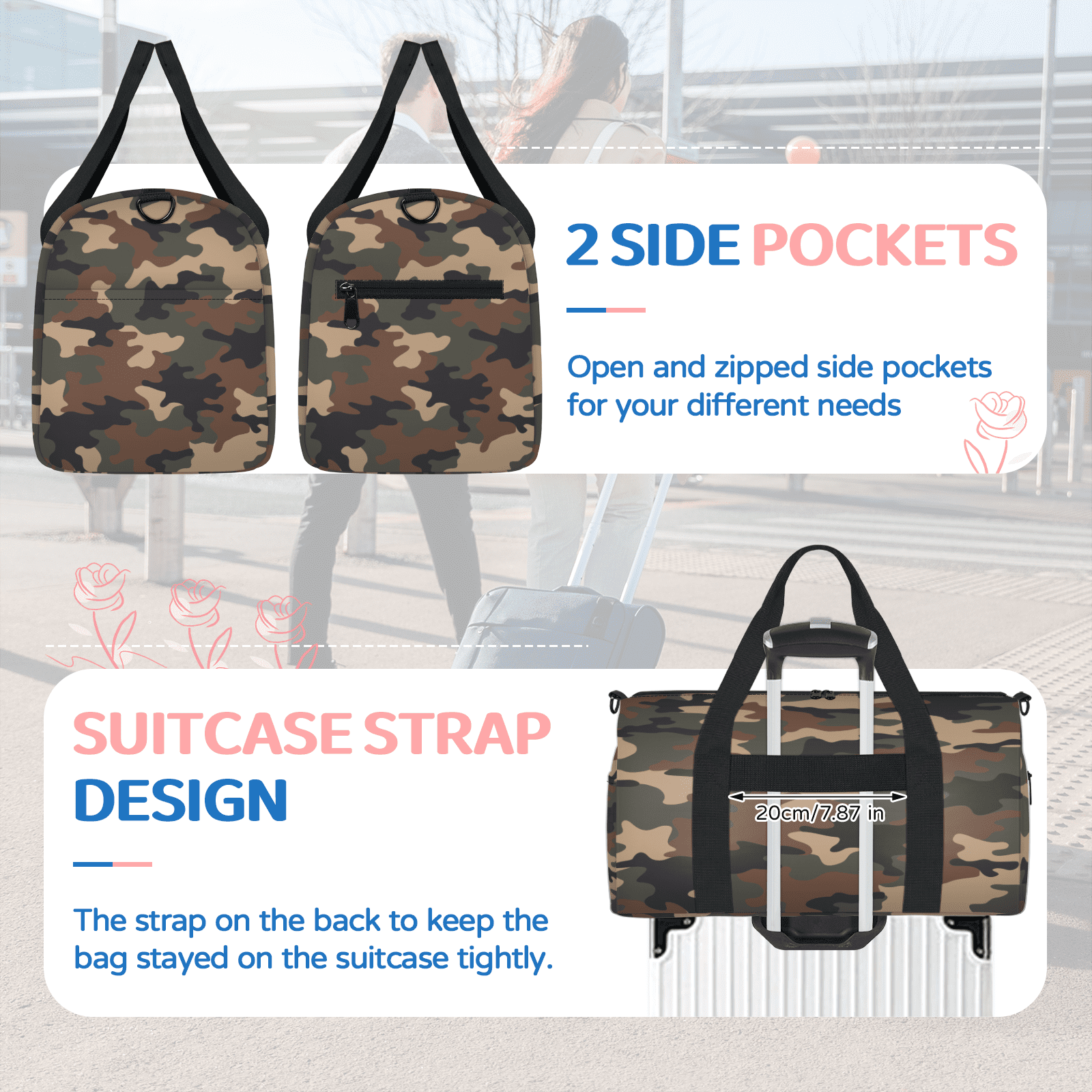 Herdesigns Brown Green Camo Travel Duffle Bag Sports Yoga Weekender Overnight Carry on Workout Bags Lightweight Waterproof Gym Tote Bag for Women