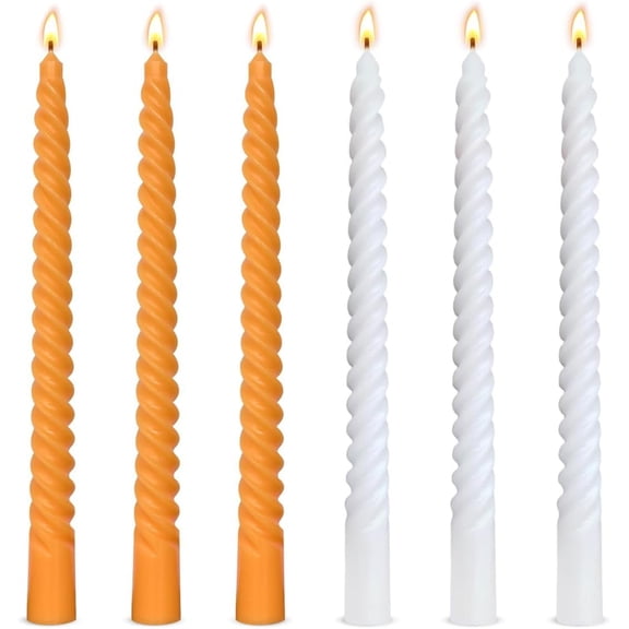 10 Inch 3 White and 3 Orange Spiral Taper Candle Set, Unscented Dripless Candlesticks for Fall Harvest Halloween Thanksginving, Holiday Decor, and Dinners