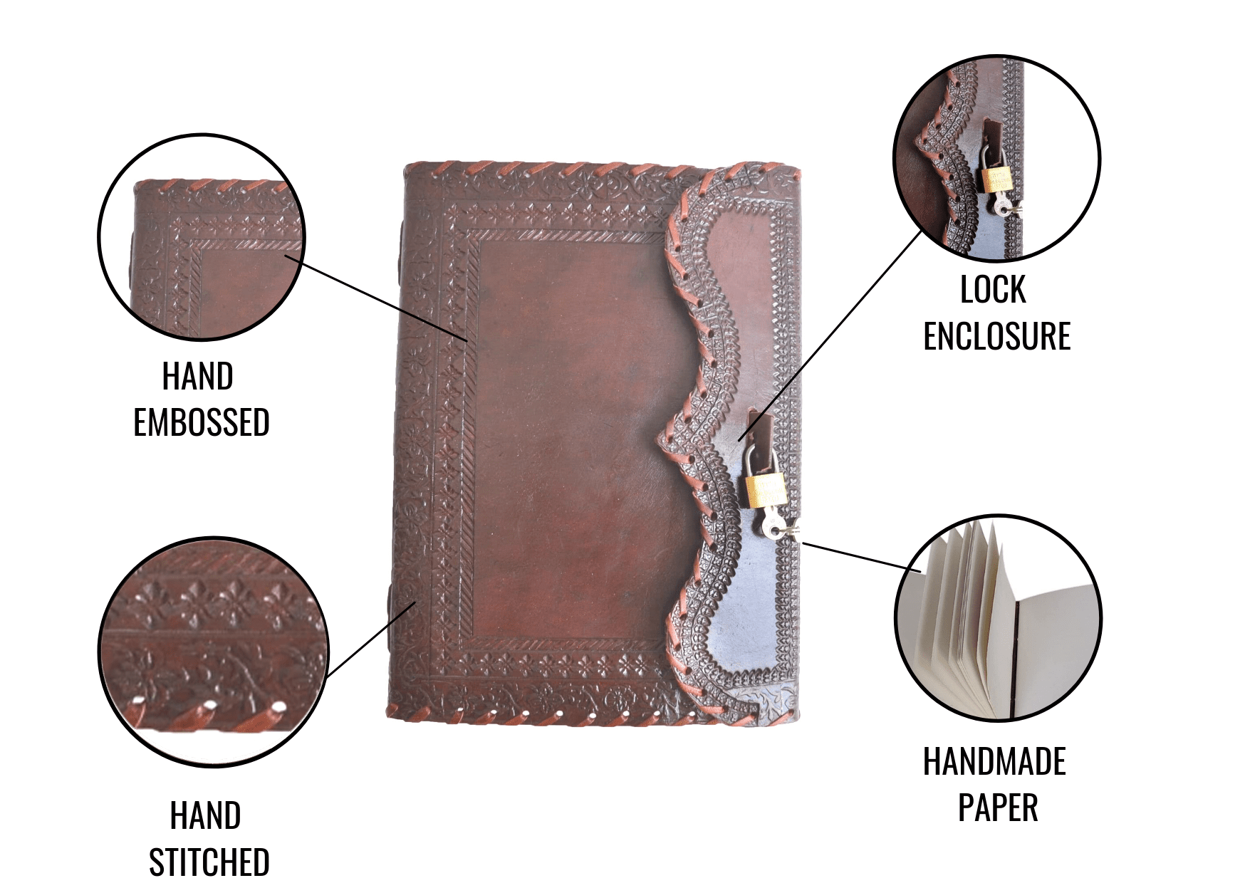 Jaald 10" Leather Journal Blank Notebook Handmade Travel Diary with Lock Writing Bullet Journal Christmas Gift Brown Sketchbook for Artists