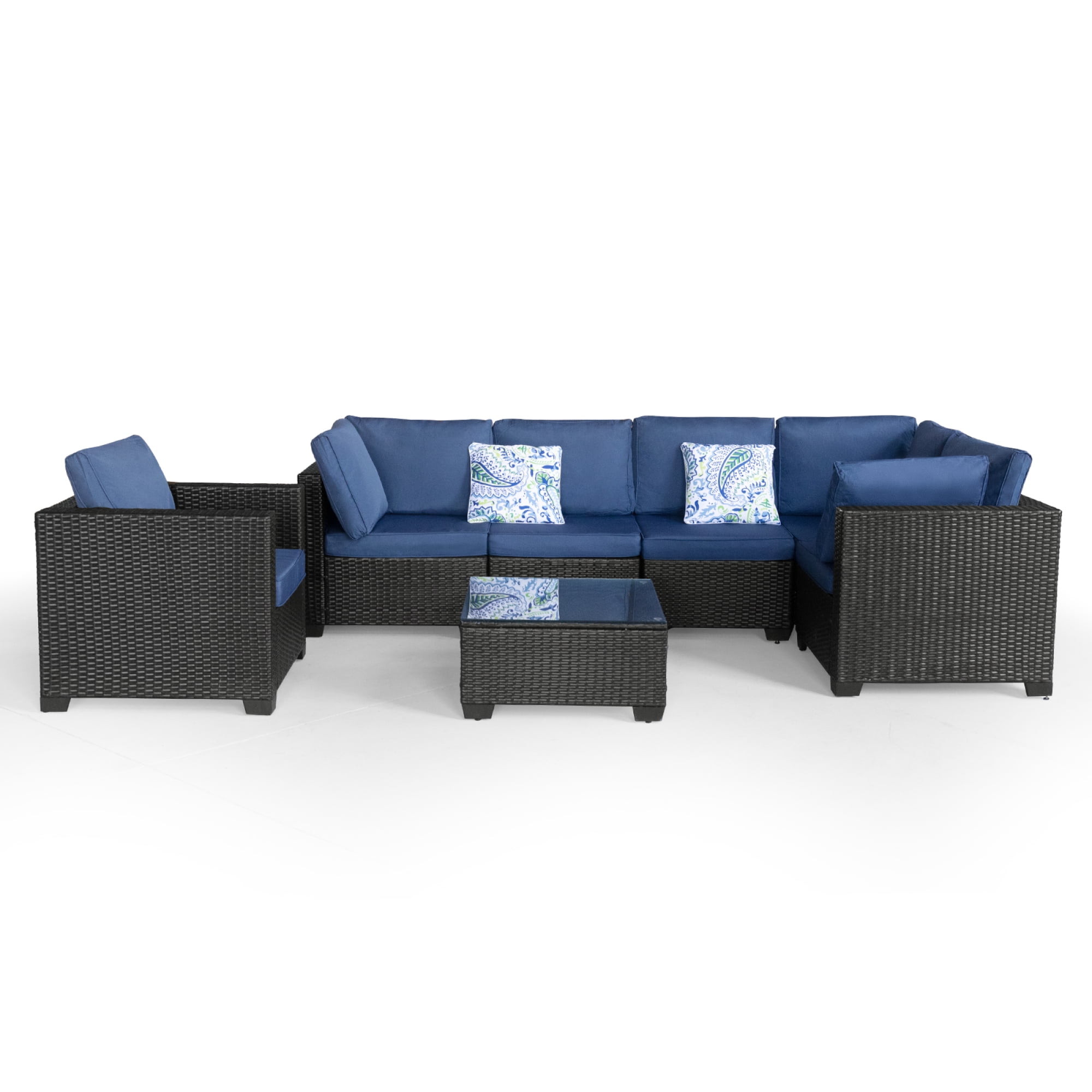 7 Piece Outdoor Patio Conversation Set,Rattan Sectional Sofa Set for Outdoor Indoor Backyard Lawn Garden Porch Poolside (Dark Blue)