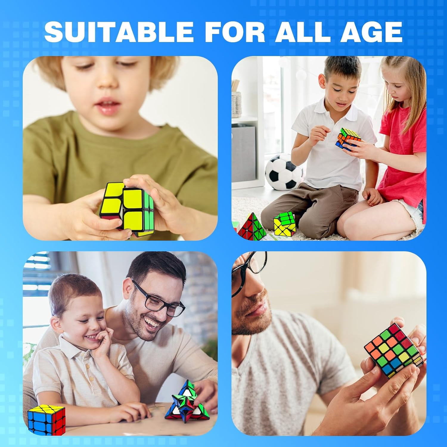 AuntyFey 5 Pack Magic Speed Cube Set, 2x2, 3x3, 4x4, Triangle Megaminx Stickerless Speed Cubes for Kids & Adults