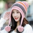 thumbnail image 2 of YooGuoGuo Women Fleece Lined Beanie Cap Contrast Color Warm Knitted Ski Hat w/Earflap Pom, 2 of 4